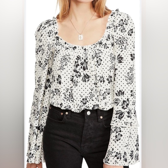 Free People Tops - Free People Black & White Floral Boho Bodysuit